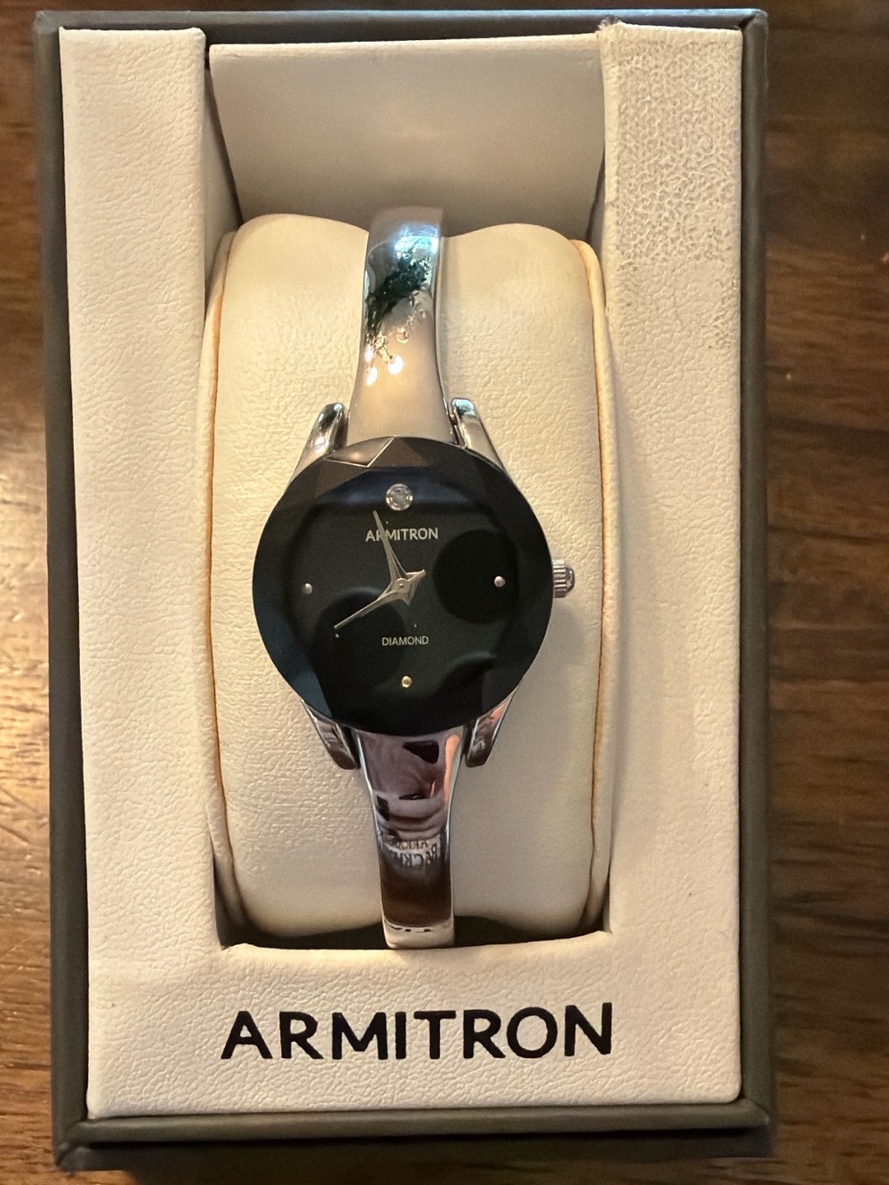 Armitron Silver Bracelet Watch with Black Dial and Diamond Accent